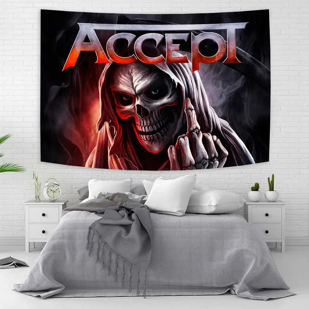 Black and red metal band tapestry flag featuring accept logo with grim reaper design for rock wall art decoration