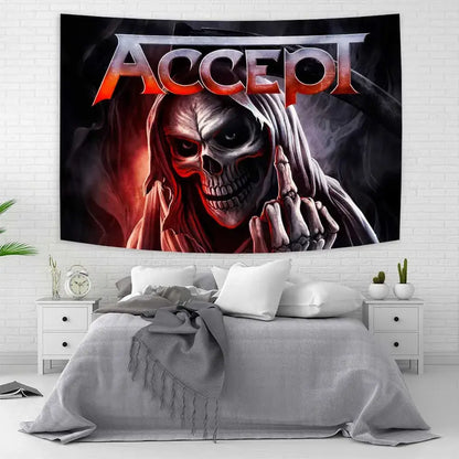 Black and red metal band tapestry flag featuring accept logo with grim reaper design for rock wall art decoration