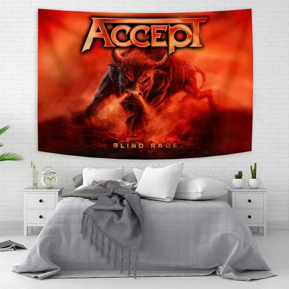 Red yellow and blue band tapestry flag featuring accept blind rage album cover with fiery horned bull for wall art