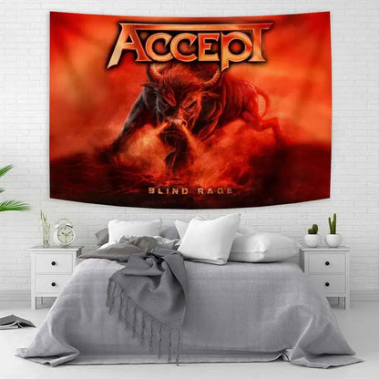 Red yellow and blue band tapestry flag featuring accept blind rage album cover with fiery horned bull for wall art