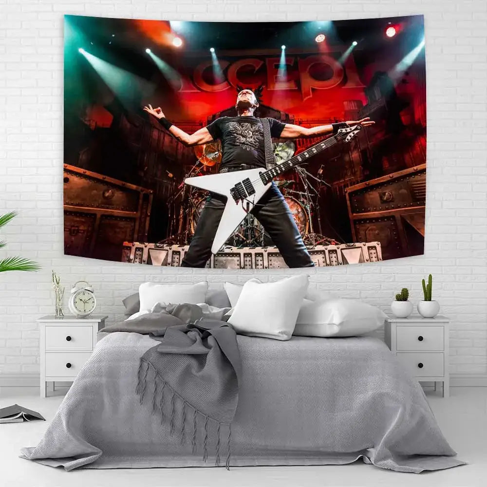 Red yellow and blue band tapestry flag featuring a dynamic guitarist and accept band name for rock decor wall art