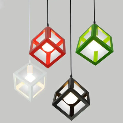 Three cube-shaped pendant light in red green and black with white panels from decorbites elegant square chandelier collection
