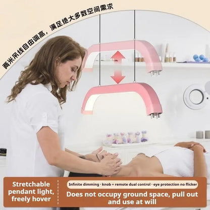 Refined modern pink led pendant light with sleek curved design and adjustable hanging mechanism for beauty studio