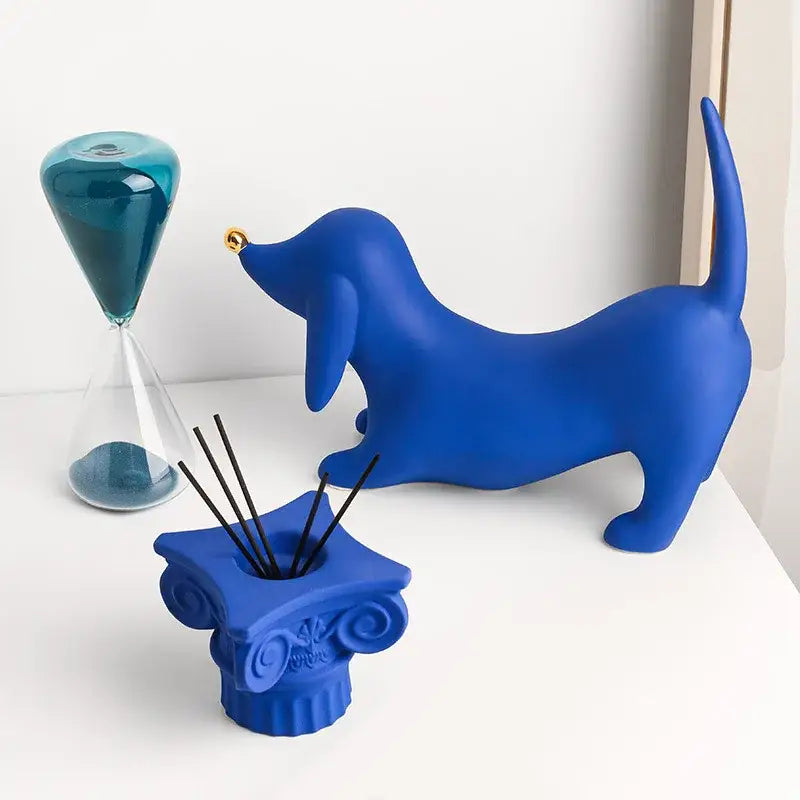 Vibrant blue ceramic decorbites doberman art statue with gold nose for reflective silver home decor living room display