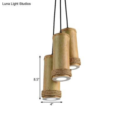 Restaurant Ceiling Fixture: Bamboo Cylinder 3-Light Cluster Pendant Light in Light Brown