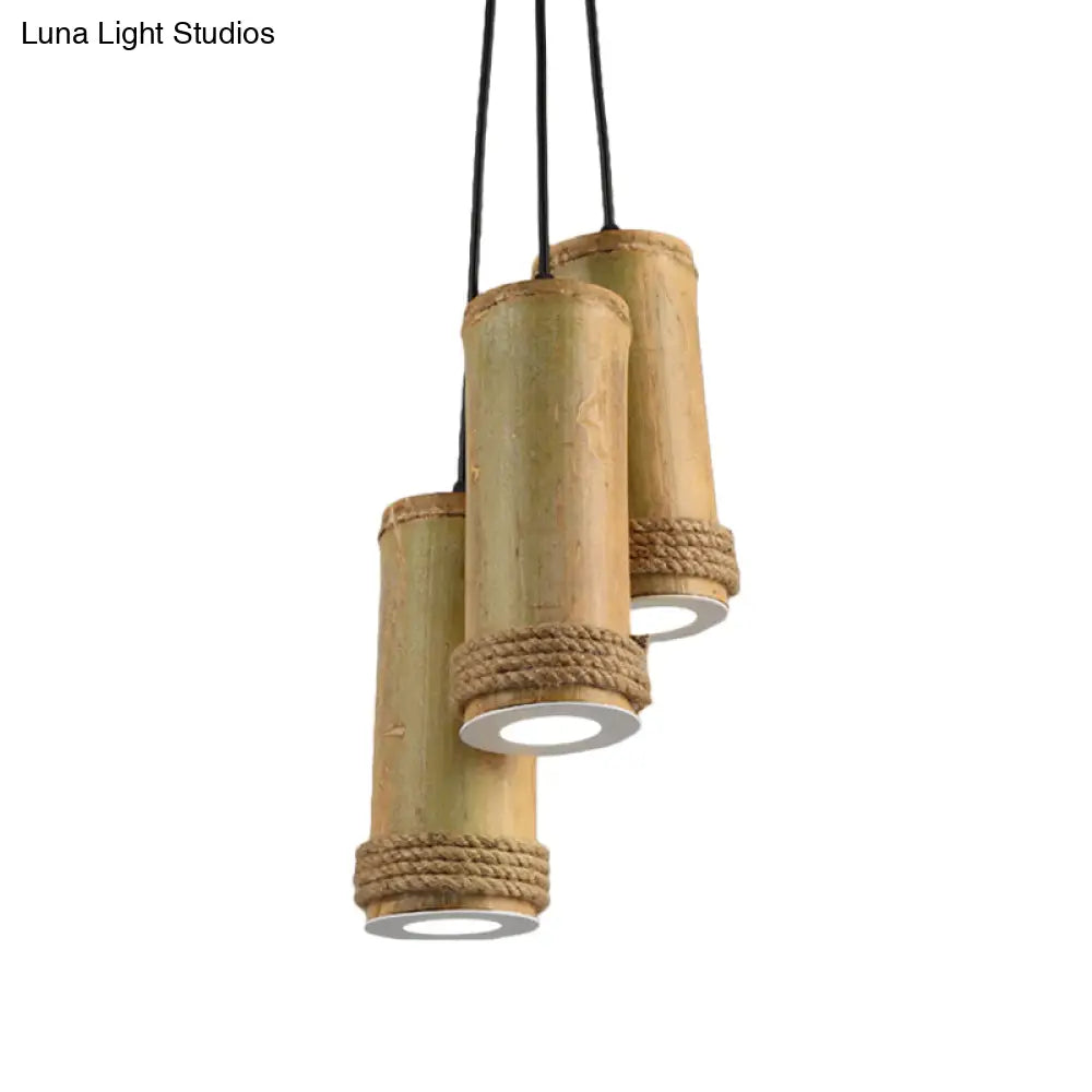 Restaurant Ceiling Fixture: Bamboo Cylinder 3-Light Cluster Pendant Light in Light Brown