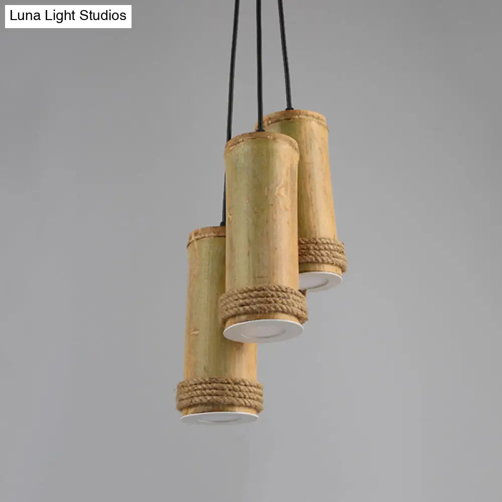 Restaurant Ceiling Fixture: Bamboo Cylinder 3-Light Cluster Pendant Light in Light Brown