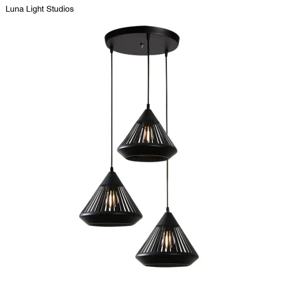 Retro 3-Head Diamond Iron Pendant Light with Black Canopy