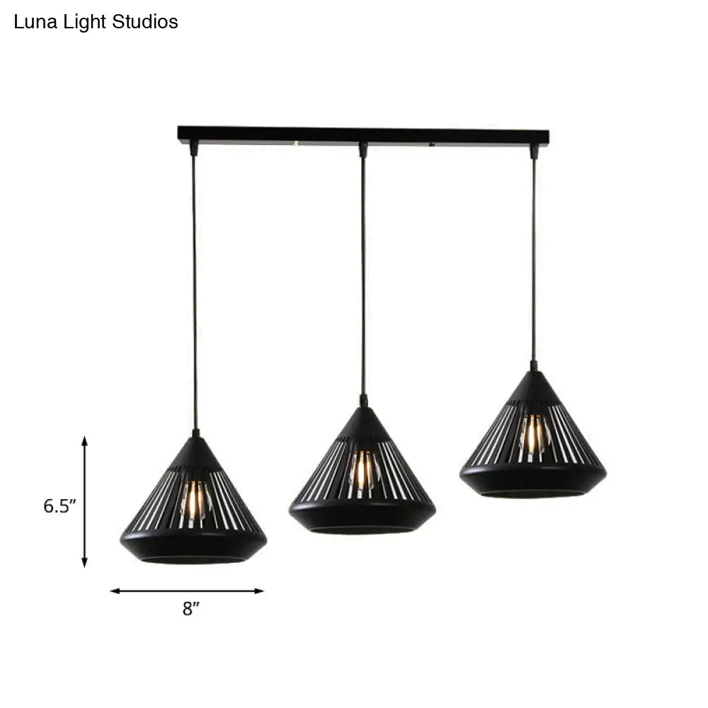 Retro 3-Head Diamond Iron Pendant Light with Black Canopy