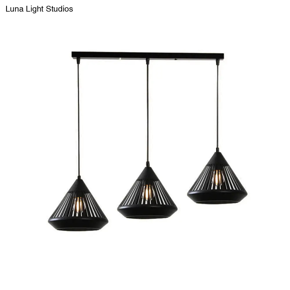 Retro 3-Head Diamond Iron Pendant Light with Black Canopy