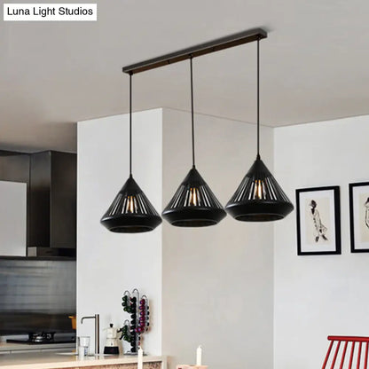 Retro 3-Head Diamond Iron Pendant Light with Black Canopy