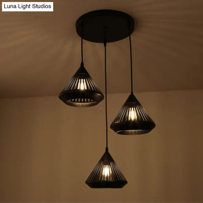 Retro 3-Head Diamond Iron Pendant Light with Black Canopy