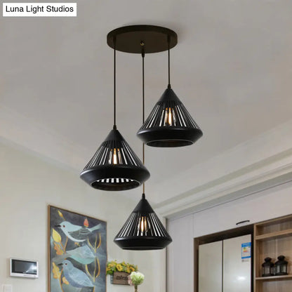 Retro 3-Head Diamond Iron Pendant Light with Black Canopy