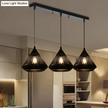 Retro 3-Head Diamond Iron Pendant Light with Black Canopy