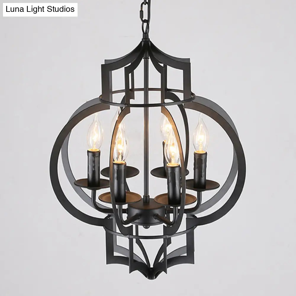 Retro 6-Light Black Metallic Chandelier Lantern for Ceiling Suspension