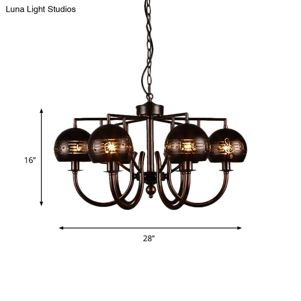 Retro 6-Light Rust Pendant Chandelier with Musical Note Metal – Ideal for Restaurants