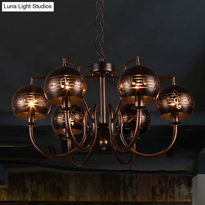 Retro 6-Light Rust Pendant Chandelier with Musical Note Metal – Ideal for Restaurants