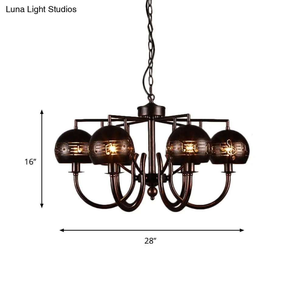 Retro 6-Light Rust Pendant Chandelier with Musical Note Metal – Ideal for Restaurants