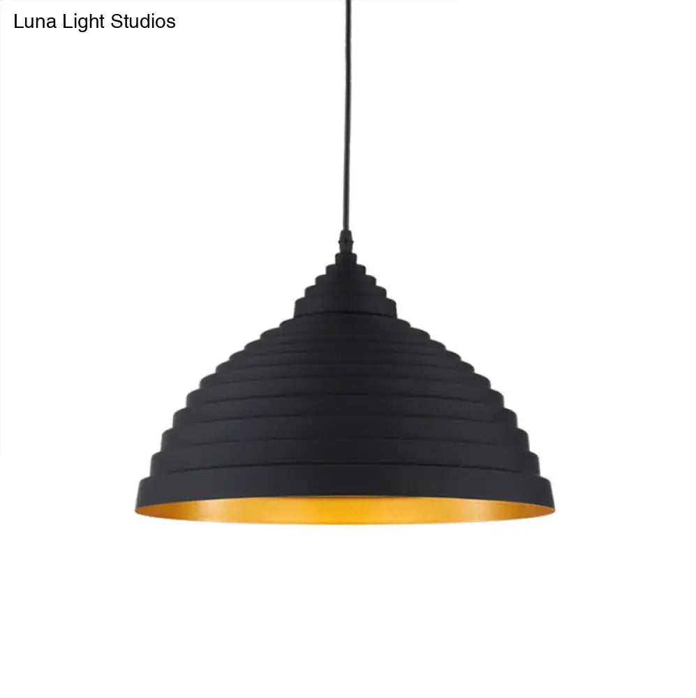 Retro Aluminum Pendant Light with Adjustable Cord - Ridged Dome Design, Single Bulb, Ideal for Coffee Shops, Black