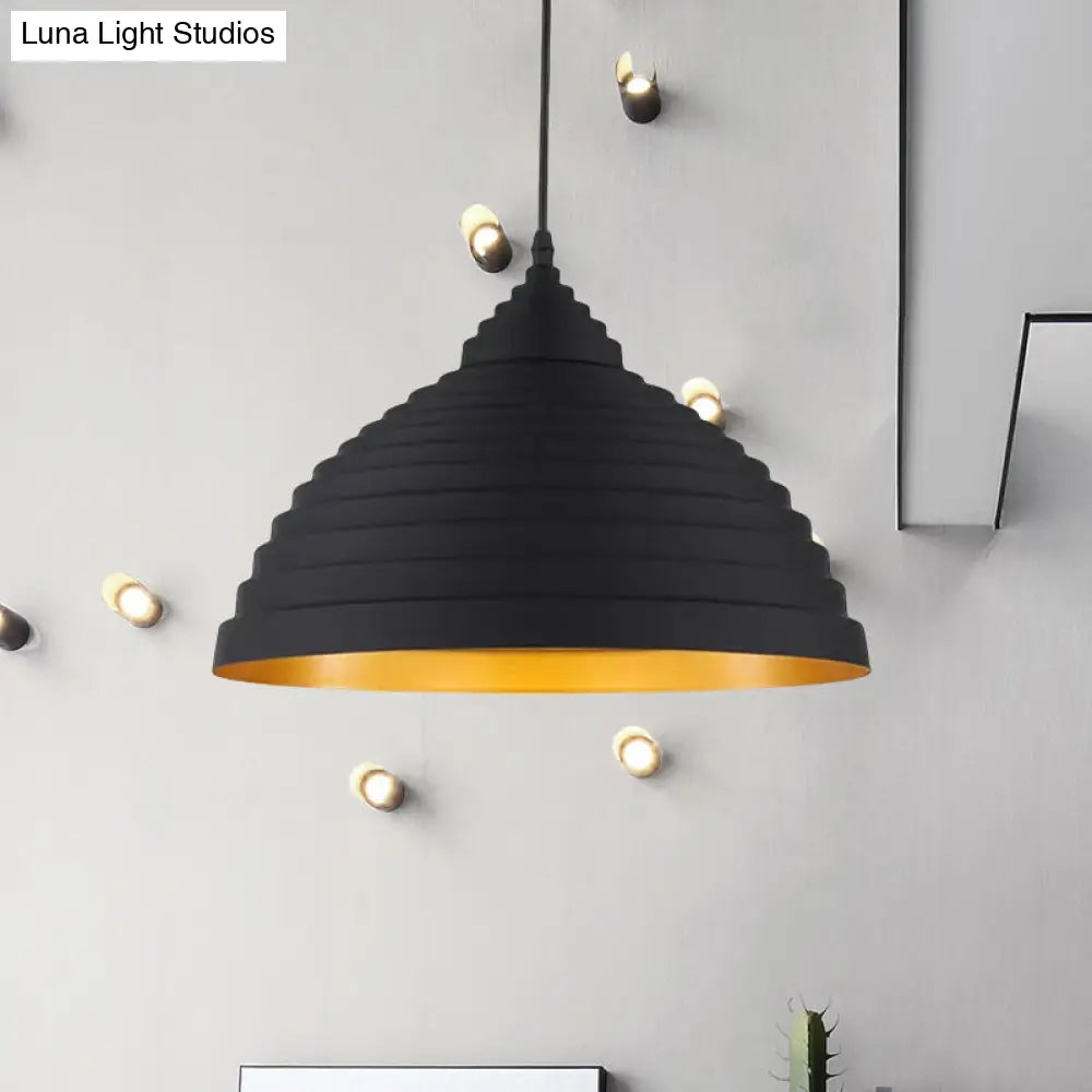 Retro Aluminum Pendant Light with Adjustable Cord - Ridged Dome Design, Single Bulb, Ideal for Coffee Shops, Black