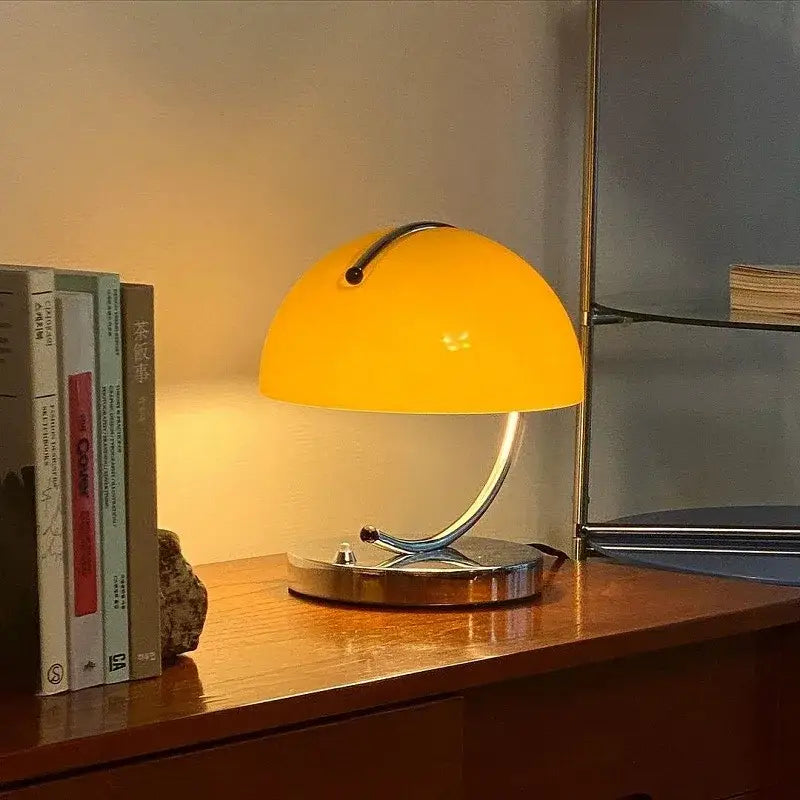Retro amber glass table lamp with vibrant yellow dome shade and chrome handle for decorbites glass table decor