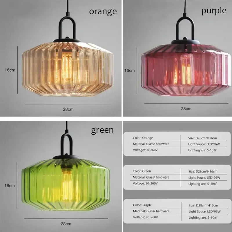 A modern dining chandelier with retro amber and green ribbed color glass and black metal hardware by decorbites color glass
