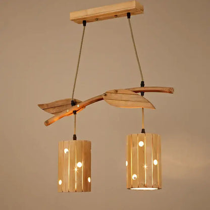 Natural wood retro bamboo art chandelier with two cylindrical slat lanterns suspended by ropes for dining room lighting