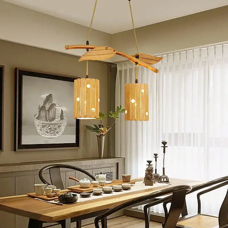 Wooden retro bamboo art chandelier with natural warm-toned bamboo design and two cylindrical shades for dining room