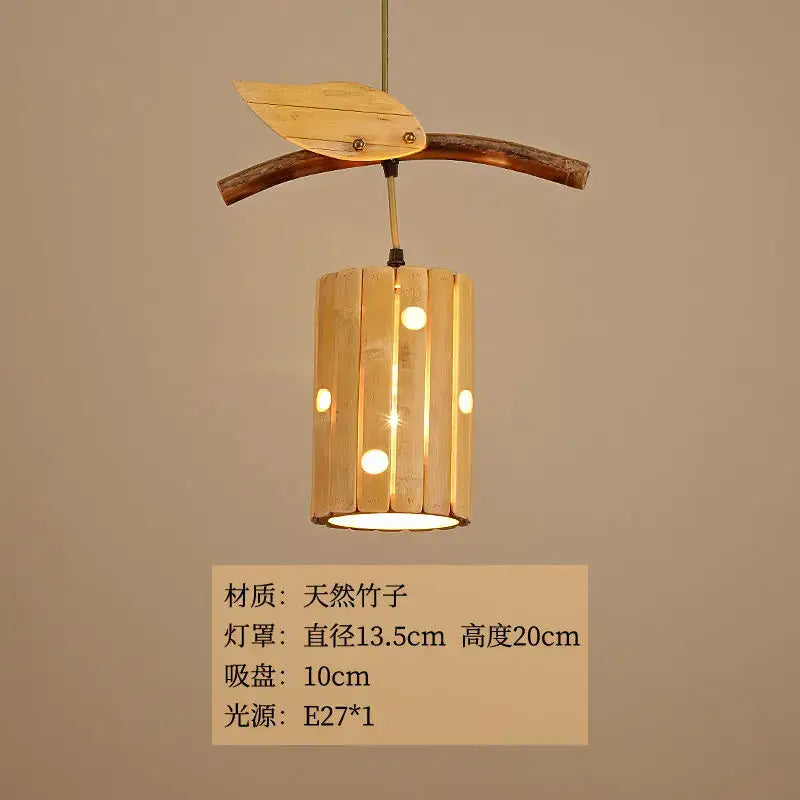 A warm-toned retro bamboo art chandelier with natural wood and rustic branch and leaf design for dining rooms