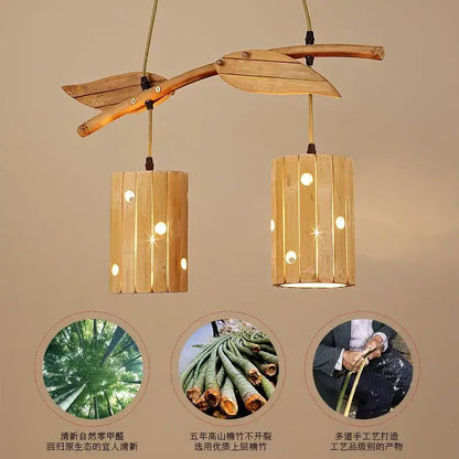 Natural bamboo art chandelier with branch and leaf design and cylindrical shades featuring circular cutouts for dining room