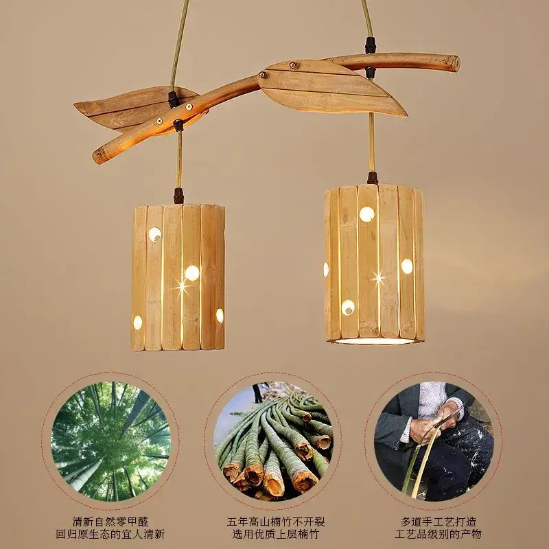 Natural bamboo art chandelier with branch and leaf design and cylindrical shades featuring circular cutouts for dining room