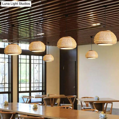 Retro Bamboo Dome Pendant Light Fixture - Wide Sizes - Wood Hanging Lamp