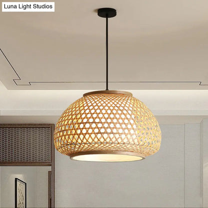 Retro Bamboo Dome Pendant Light Fixture - Wide Sizes - Wood Hanging Lamp