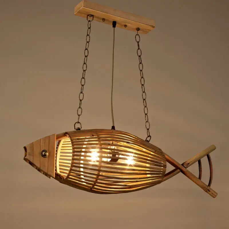 Retro bamboo fish wall lamp with slatted natural wood body and metal chain suspension for living room decorbites bamboo fish