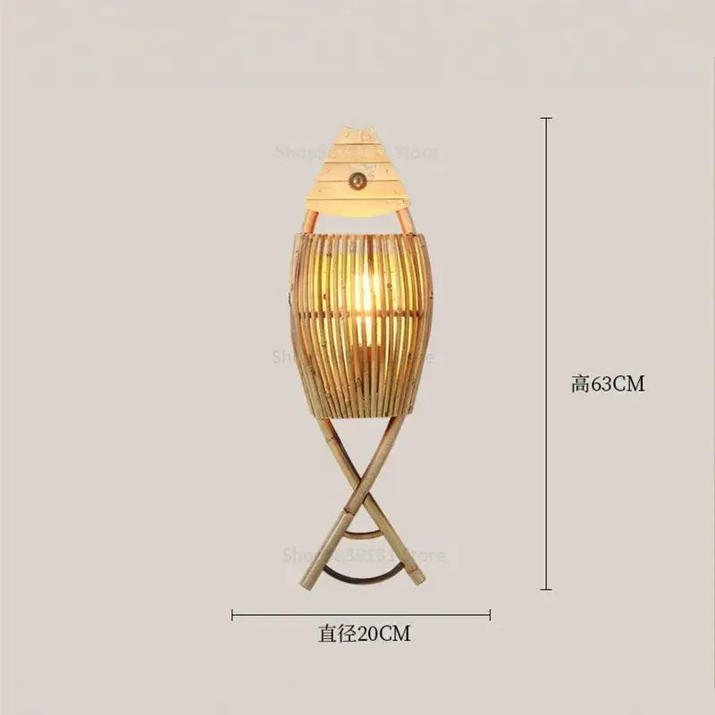 Retro bamboo fish wall lamp with warm glowing light made of woven bamboo and wood for living room decorbites bamboo fish