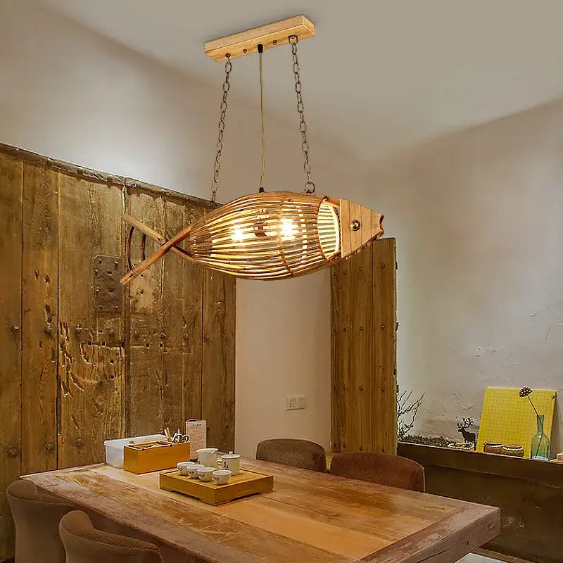 Retro bamboo fish wall lamp with woven bamboo body and metal chain suspension for rustic living room decorbites bamboo fish