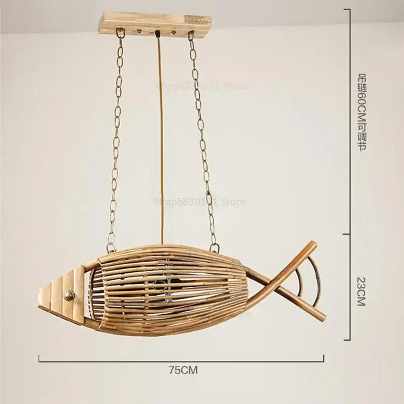 Rustic light-brown woven bamboo fish wall lamp with wooden top and metal chains for decorbites bamboo fish decor