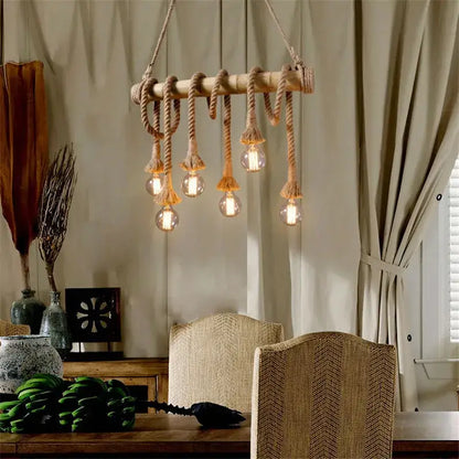 Rustic wooden beam pendant lights with thick natural bamboo hemp rope and exposed bulb fixtures for dining decorbites chandelier
