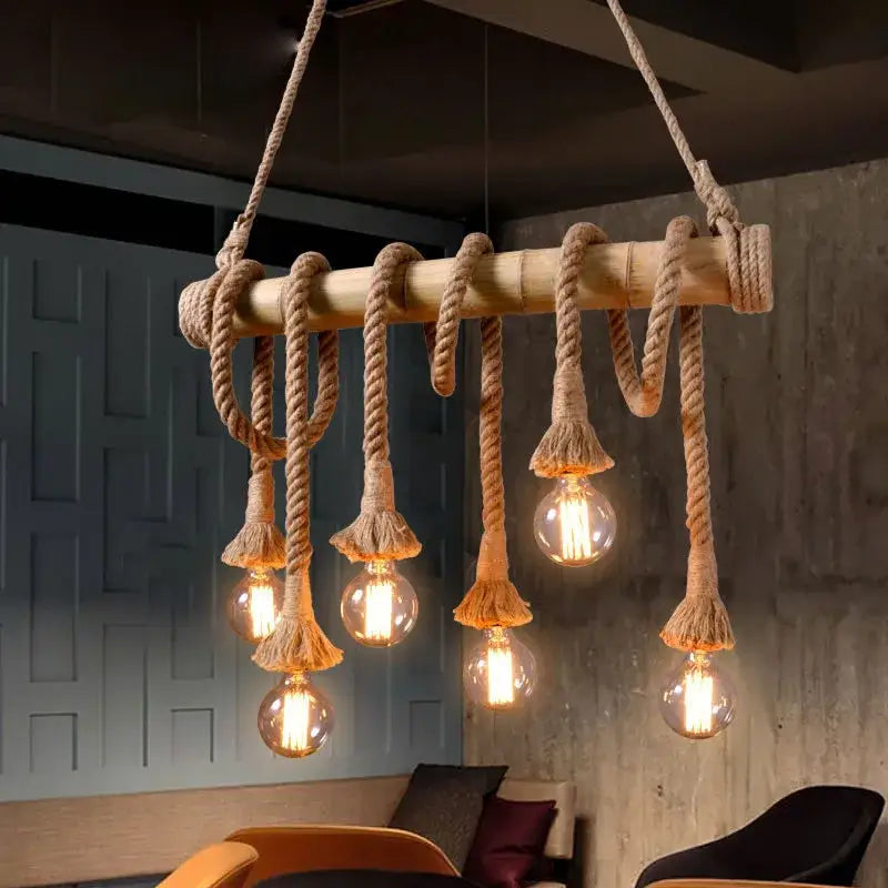 Retro bamboo hemp rope pendant lights dining room chandelier featuring rope-wrapped bamboo with five exposed bulbs