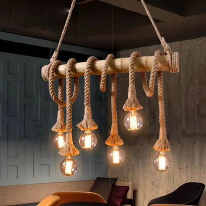 Retro bamboo hemp rope pendant lights dining room chandelier featuring rope-wrapped bamboo with five exposed bulbs
