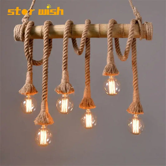 Retro bamboo hemp rope pendant lights chandelier with five glowing glass bulbs for dining room decorbites bamboo hemp rope