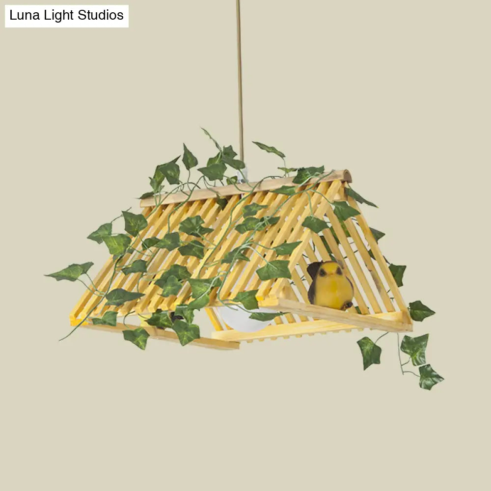 Retro Bamboo Pendant Lamp with Red/Green Roof, 1 Light Dining Room Hanging Fixture - Plant Deco