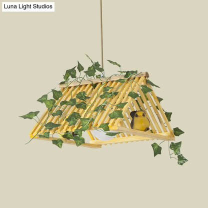 Retro Bamboo Pendant Lamp with Red/Green Roof, 1 Light Dining Room Hanging Fixture - Plant Deco