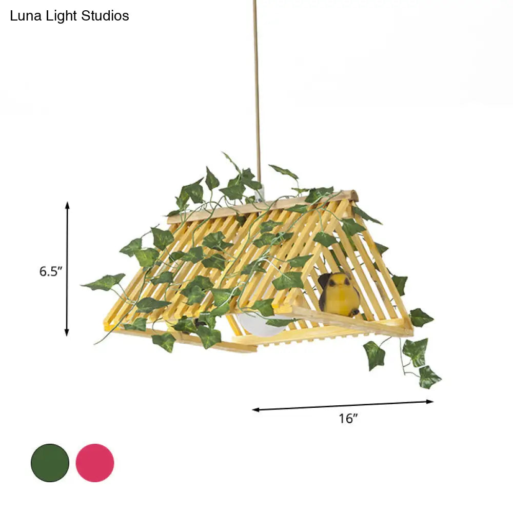 Retro Bamboo Pendant Lamp with Red/Green Roof, 1 Light Dining Room Hanging Fixture - Plant Deco