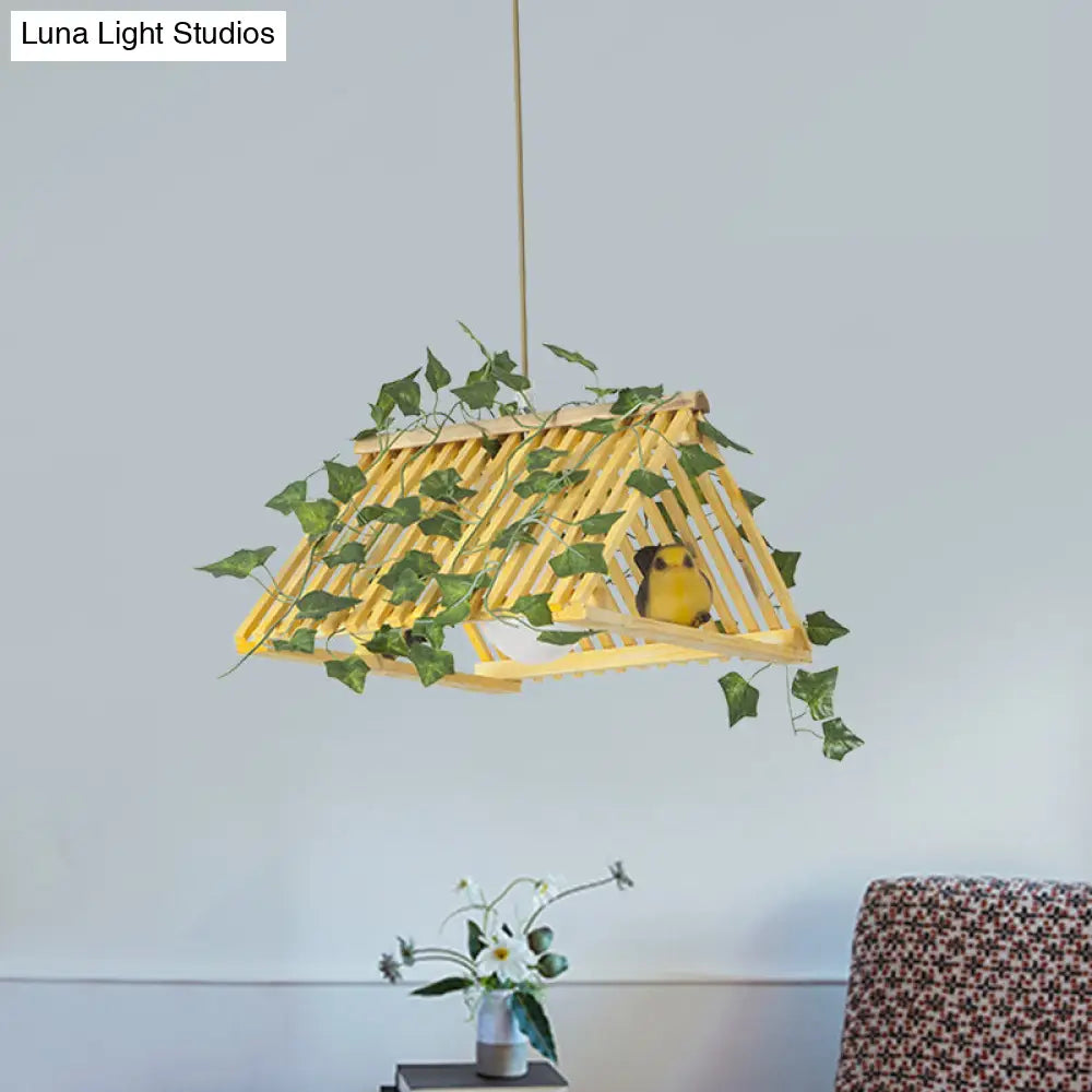 Retro Bamboo Pendant Lamp with Red/Green Roof, 1 Light Dining Room Hanging Fixture - Plant Deco