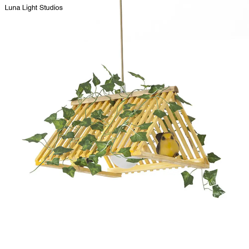 Retro Bamboo Pendant Lamp with Red/Green Roof, 1 Light Dining Room Hanging Fixture - Plant Deco