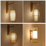 Natural bamboo wall lights with hand woven rattan shades in warm glowing light for bedroom lighting