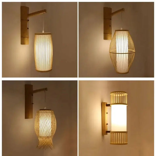 Natural bamboo wall lights with hand woven rattan shades in warm glowing light for bedroom lighting