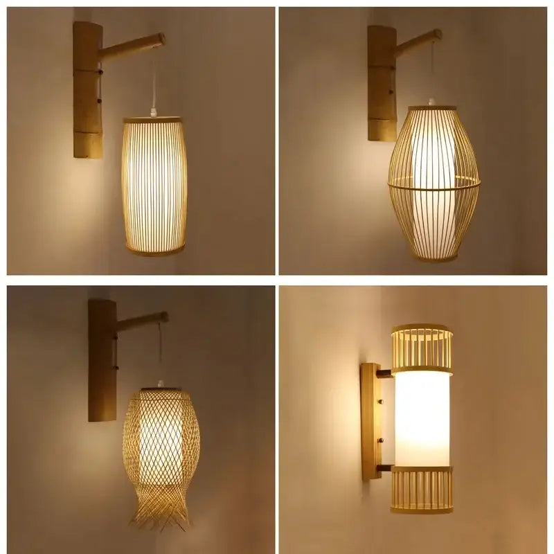 Natural bamboo wall lights with hand woven rattan shades in warm glowing light for bedroom lighting