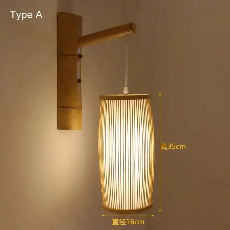 Natural bamboo wall lights with a cylindrical ribbed shade and wooden arm for bedroom hand woven rattan decor